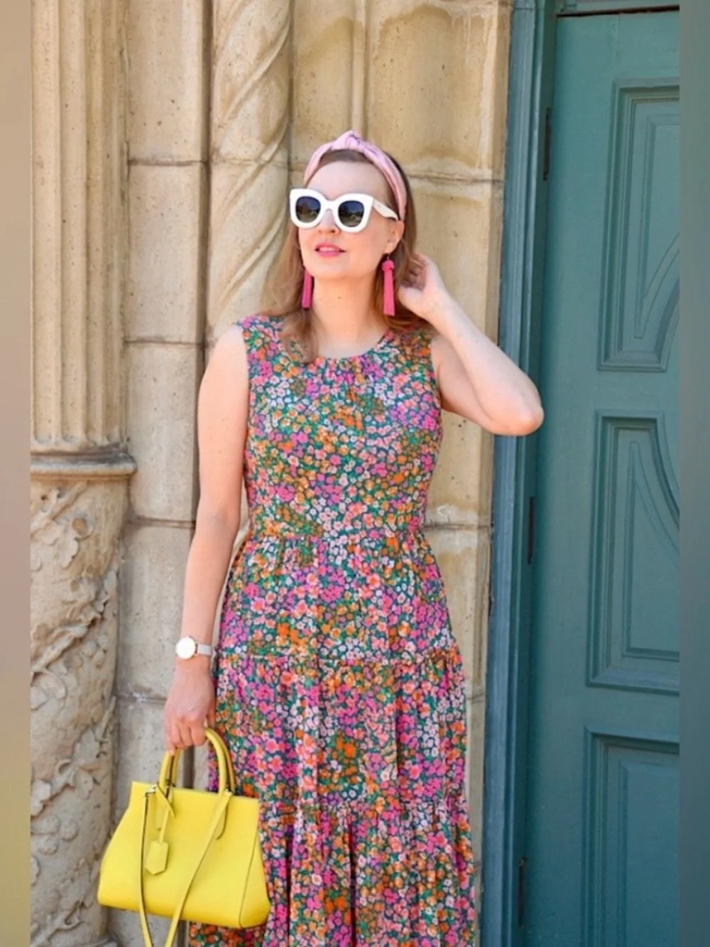 Brand New J. Crew Pink & Green Floral Tiered Midi Dress - Size XS